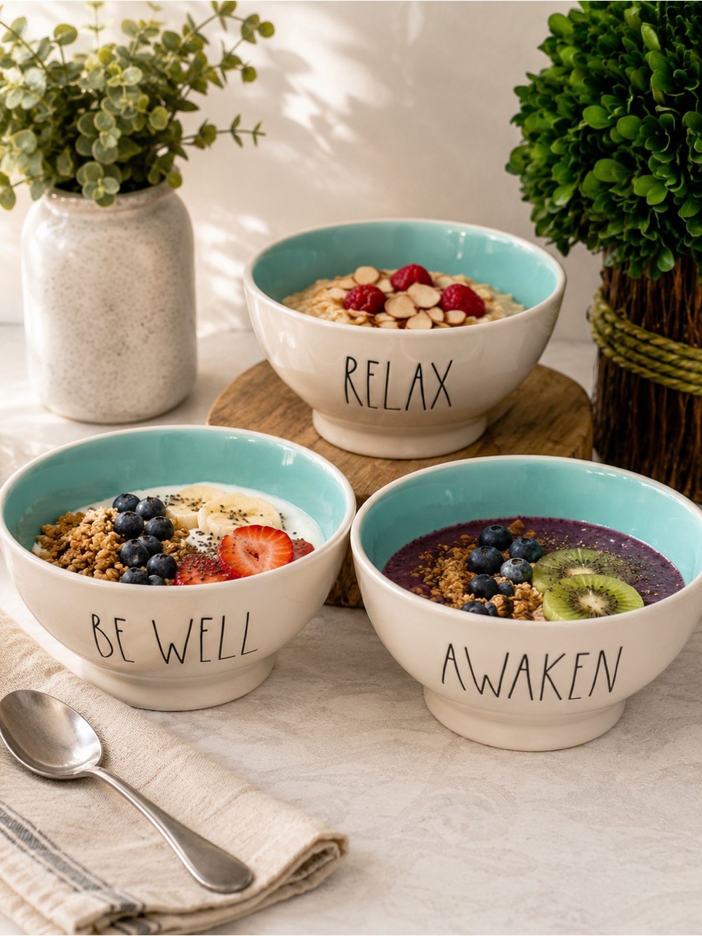 Rae Dunn Ceramic Bowls Awaken Be Well Relax Blue Kitchen Home Decor